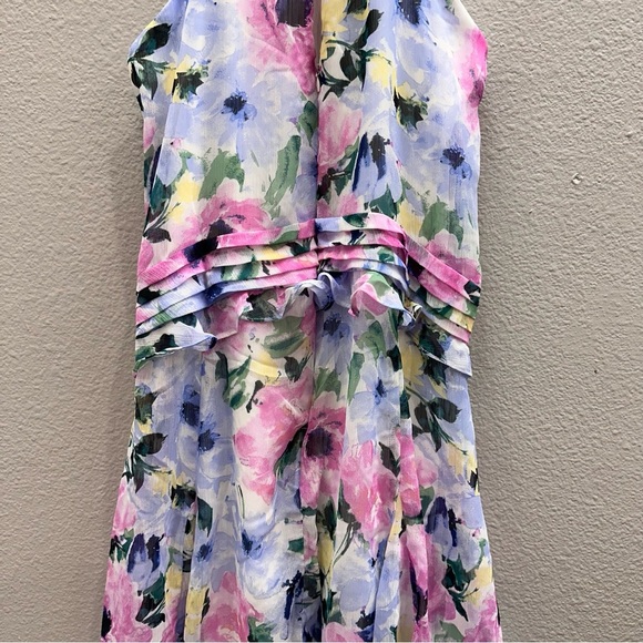 Tahari Dress Womens Size 8 Blue Pink Floral Knife Pleat Chiffon Mini Spring - Picture 5 of 8